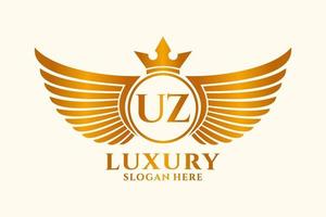 luxo royal wing letter uz crest gold color logo vector, logotipo da vitória, logotipo da crista, logotipo da asa, modelo de logotipo vetorial. vetor