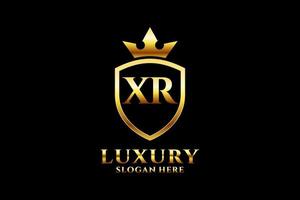 logotipo de monograma de luxo elegante inicial xr ou modelo de crachá com pergaminhos e coroa real - perfeito para projetos de marca luxuosos vetor