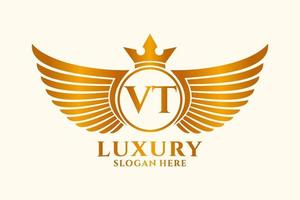 luxo royal wing letter vt crest gold color logo vector, logotipo da vitória, logotipo da crista, logotipo da asa, modelo de logotipo vetorial. vetor