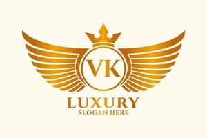 carta de asa real de luxo vk crista ouro logotipo vetor, logotipo da vitória, logotipo da crista, logotipo da asa, modelo de logotipo vetorial. vetor