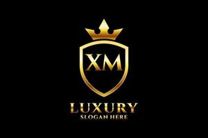 logotipo de monograma de luxo elegante inicial xm ou modelo de crachá com pergaminhos e coroa real - perfeito para projetos de marca luxuosos vetor