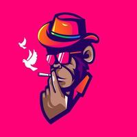 macaco fumando ilustração de design de logotipo de mascote. paz de macaco vetor