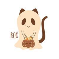 impressão boho de halloween. gato fofo de halloween, gato fantasma de desenho animado, caveira, abóbora, doces de halloween. cartão assustador boho marrom, ilustração vetorial de vaia. elemento de halloween boho isolado. cartaz de berçário vetor