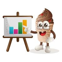 mascote de sorvete fofo dá apresentação de relatório, mostra gráficos de coluna vetor