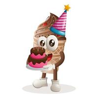 mascote de sorvete fofo usando um chapéu de aniversário, segurando o bolo de aniversário vetor