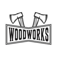 carpintaria vintage woodword carpintaria mecânica formam machados. pode ser usado como emblema, logotipo, crachá, etiqueta. marca, pôster ou impressão. arte gráfica monocromática. vetor