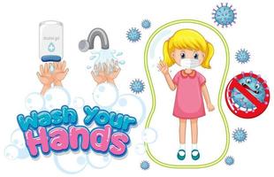 lavar as mãos design de cartaz com menina loira usando máscara vetor