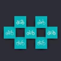 ícones lineares de bicicletas em formas quadradas, sinal de vetor de bicicleta, ciclismo, motocicleta, moto, bicicleta gorda, bicicleta elétrica, ilustração vetorial