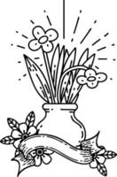 banner com flores de estilo tatuagem de trabalho de linha preta em vaso vetor