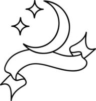 tatuagem de linha preta com banner de uma lua e estrelas vetor