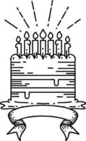 banner com bolo de aniversário estilo tatuagem de trabalho de linha preta vetor