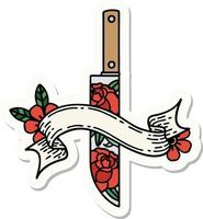 adesivo de tatuagem com banner de um punhal e flores vetor