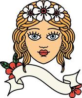 tatuagem com banner de rosto feminino com coroa de flores vetor