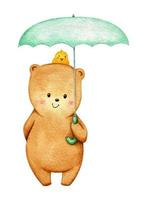 fofo urso aquarela com guarda-chuva e pássaro amarelo vetor