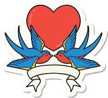 adesivo de tatuagem com banner de andorinhas e um coração vetor