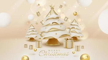 fundo de luxo e árvore de natal dourada com decoração de bola e caixa de presente e estrelas e elementos de efeito de luz glitter e bokeh. ilustração vetorial. vetor