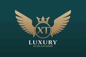 luxo royal wing letter xt crest gold color logo vector, logotipo da vitória, logotipo da crista, logotipo da asa, modelo de logotipo vetorial. vetor