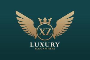 luxo royal wing letter xz crest gold color logo vector, logotipo da vitória, logotipo da crista, logotipo da asa, modelo de logotipo vetorial. vetor