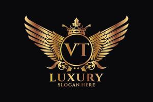 luxo royal wing letter vt crest gold color logo vector, logotipo da vitória, logotipo da crista, logotipo da asa, modelo de logotipo vetorial. vetor