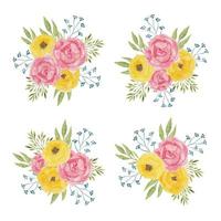 coleção de arranjo de flores em aquarela peônia amarela rosa vetor