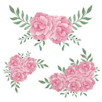 aquarela mão pintada conjunto de arranjo de flores de peônia rosa vetor