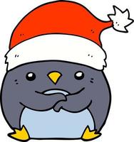 pinguim bonito dos desenhos animados usando chapéu de natal vetor