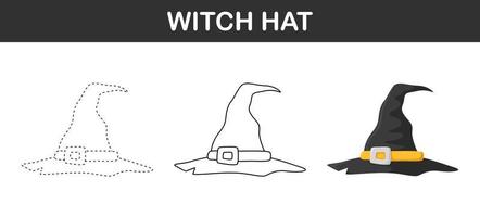 planilha de rastreamento e coloração de chapéu de bruxa para crianças vetor