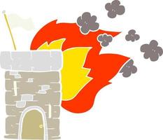 ilustração de cor plana de uma torre de castelo em chamas de desenho animado vetor