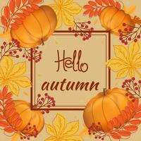 Olá outono. banner, cartaz, folhas de card.autumn, ramo com bagas de rowan e abóbora.