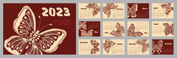 calendário 2023 com borboleta em estilo zentangle. semana começa no domingo. vetor