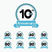 conjunto de aniversário 10, 20, 30, 40, 50, 60, 70, 80, 90 anos em fundo branco. vetor