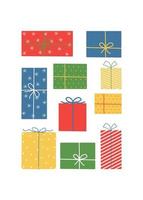 cartão de natal com caixas de presente coloridas desenhadas à mão. modelo de cartaz, banner, convite vetor