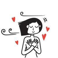 mulher de rabiscos desenhados à mão mantenha as mãos no coração amor auto-ilustração vetor