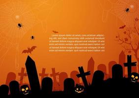 silhueta do cemitério de atmosfera no dia assustador de halloween com fundo de tom de cor laranja com textos de exemplo. cartão e pôster do dia de halloween em estilo simples e design vetorial. vetor