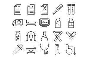 equipamento médico, hospital, medicina, conjunto de ícones. linhas com traços editáveis vetor