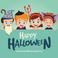 grupo de crianças em traje de halloween com ilustração vetorial de feliz dia das bruxas vetor