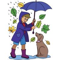 cão e menina em um dia chuvoso folhas de outono folha de bordo outono vetor