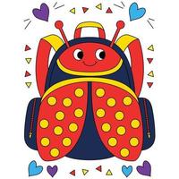 mochilas de mochila de escola colorida de bug vermelho com ornamentos de amor e triângulo para colorir ilustração vetorial vetor