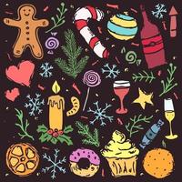 ícones de natal. fundo de ano novo. ilustração de doodle com ícones de natal e ano novo vetor