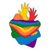 um coração feito de mãos que se abraçam. pintado na bandeira lgbt, a cor do arco-íris vetor