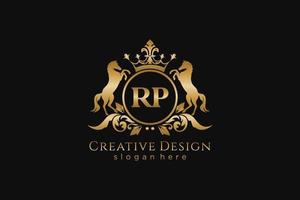 crista dourada retrô inicial do rp com círculo e dois cavalos, modelo de crachá com pergaminhos e coroa real - perfeito para projetos de marca luxuosos vetor