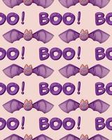padrão perfeito com morcego fofo para crianças e letras de vaia para halloween vetor