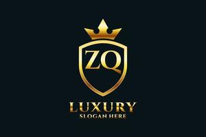 logotipo de monograma de luxo elegante inicial zq ou modelo de crachá com pergaminhos e coroa real - perfeito para projetos de marca luxuosos vetor