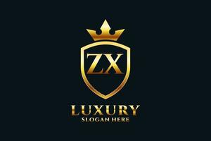 logotipo de monograma de luxo elegante inicial zx ou modelo de crachá com pergaminhos e coroa real - perfeito para projetos de marca luxuosos vetor
