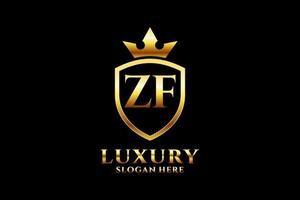 logotipo de monograma de luxo elegante inicial zf ou modelo de crachá com pergaminhos e coroa real - perfeito para projetos de marca luxuosos vetor