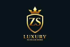 logotipo de monograma de luxo elegante inicial zs ou modelo de crachá com pergaminhos e coroa real - perfeito para projetos de marca luxuosos vetor