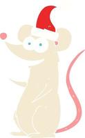 ilustração de cor plana de um rato de desenho animado usando chapéu de natal vetor
