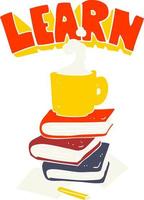 ilustração de cor plana de livros de desenho animado e xícara de café sob o símbolo de aprendizagem vetor