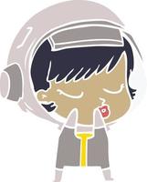 tímido estilo de cor plana cartoon menina bonita astronauta vetor