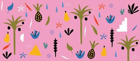 coleção de doodle de formas orgânicas coloridas. formas botânicas fofas, recortes de rabiscos infantis aleatórios de folhas tropicais, frutas e flores, ilustração vetorial de arte abstrata decorativa vetor